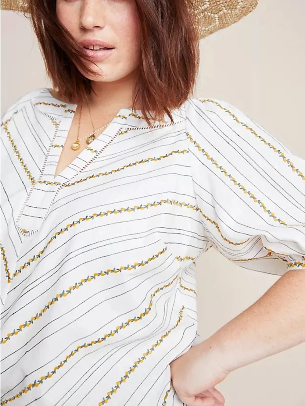 Anthropologie Maeve Fruit Puff-Sleeved Top Embroidered Chevron Split-Neck Top 12